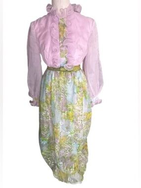 1970’s Floral Ruffle SYLVIA ANN Maxi Dress Sheer Extra Small CS Vintage Tea